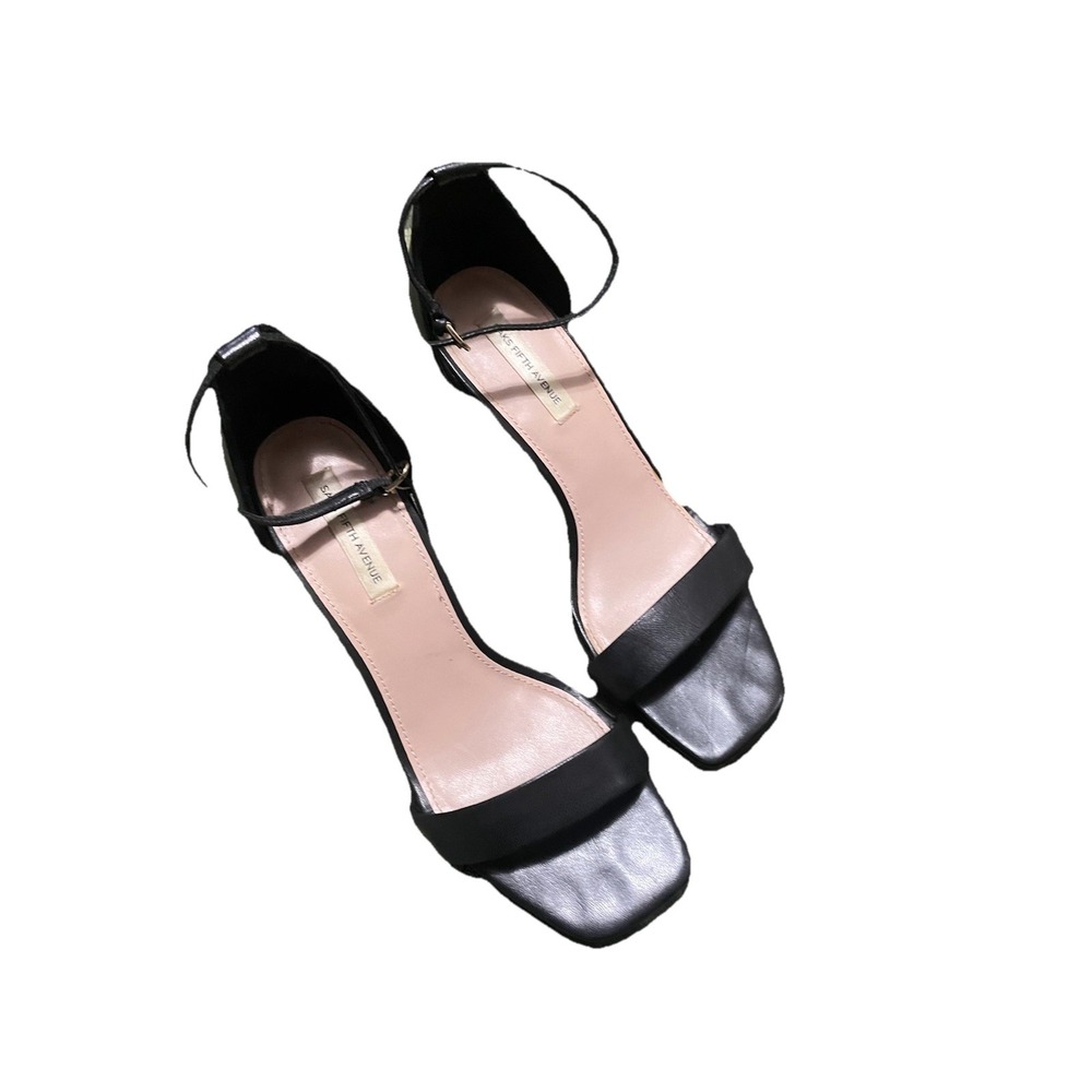 SAKS FIFTH AVENUE "Danika" black leather stiletto heel sandals w/ankle strap 9M
